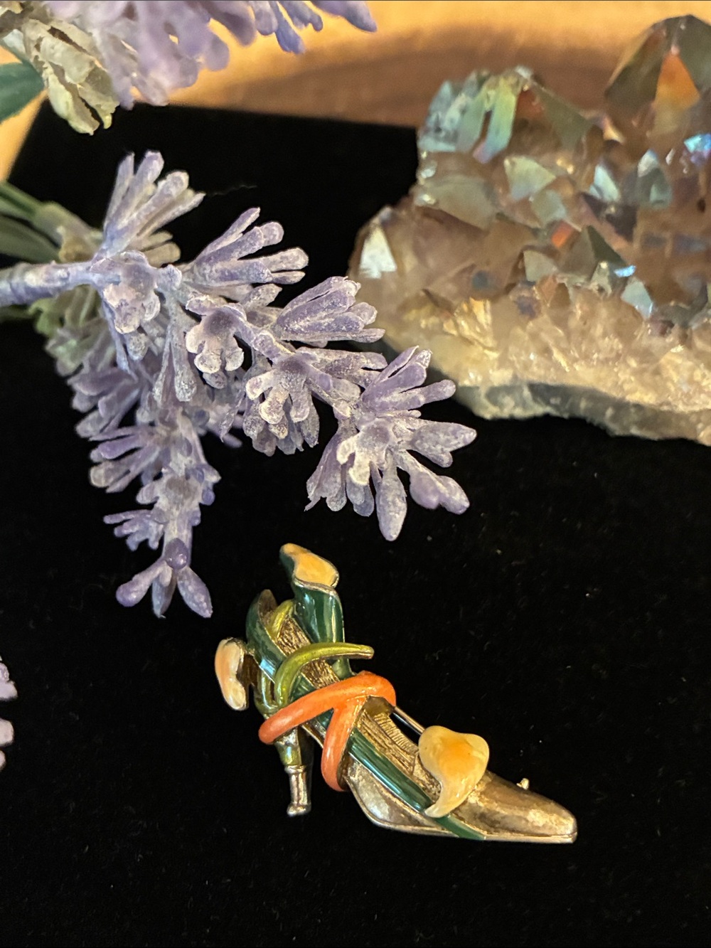 Vintage Signed Kenneth Jay Lane Gold Shoe Brooch with Gold and Green Details